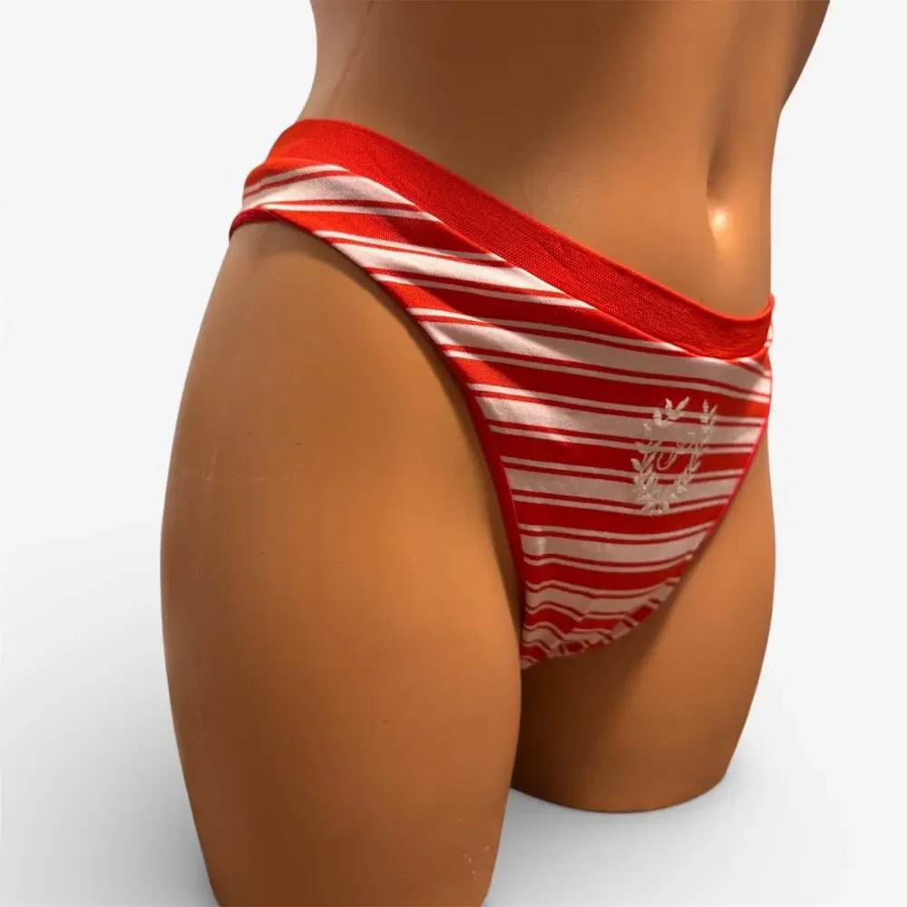 Victoria's Secret Panty Size M Thong String Red Festive Stripe Print Brazilian